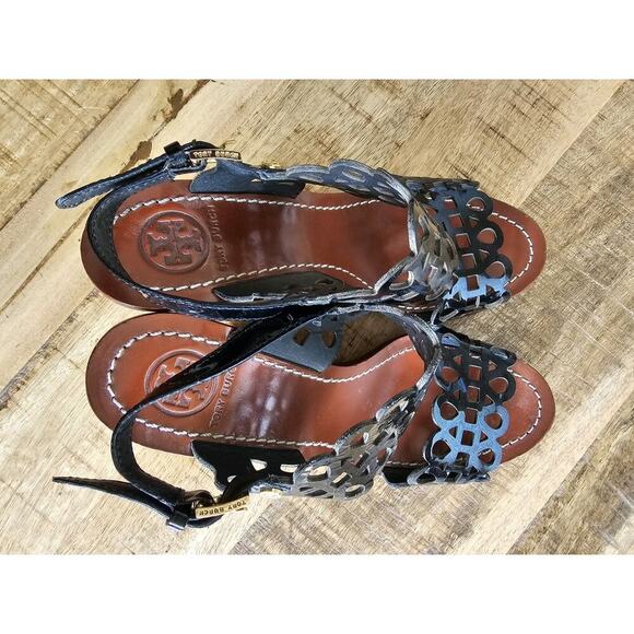 Tory Burch Women's Daisy Floral Platform Wedge Perf Leather Sandal Size 5.5 - Picture 7 of 14
